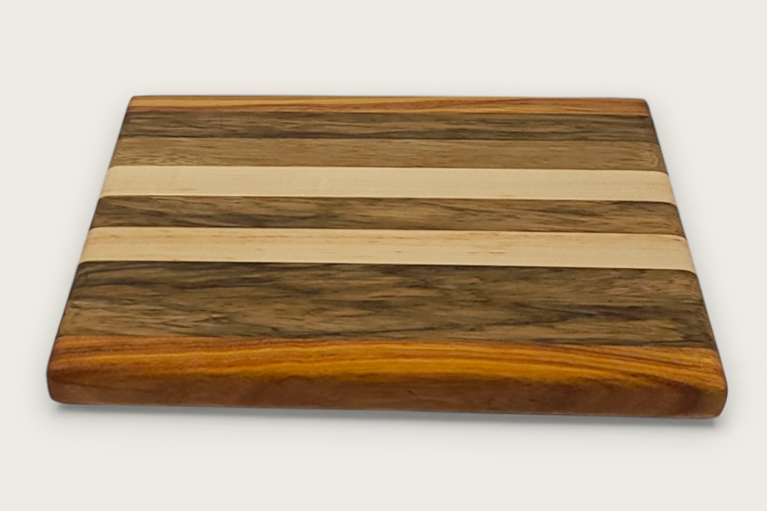 Black Limba & Maple Prep Board (#155), rectangular edge-grain design with dark brown tones and natural Tung oil finish.